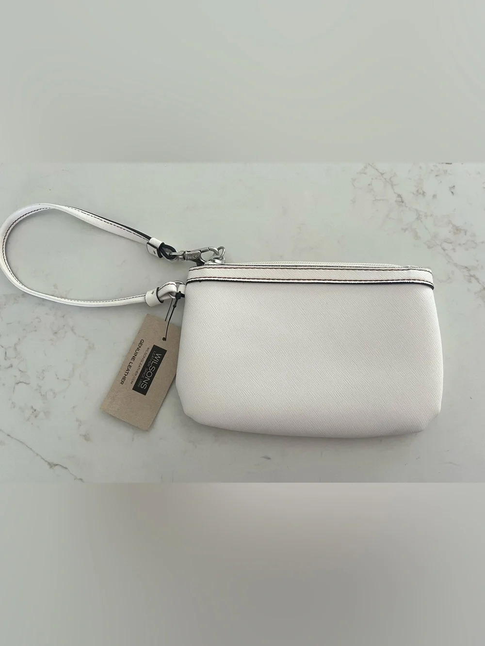NEW Wilsons Leather Ivory Genuine Leather Wristlet Pouch Zip Top Clutch